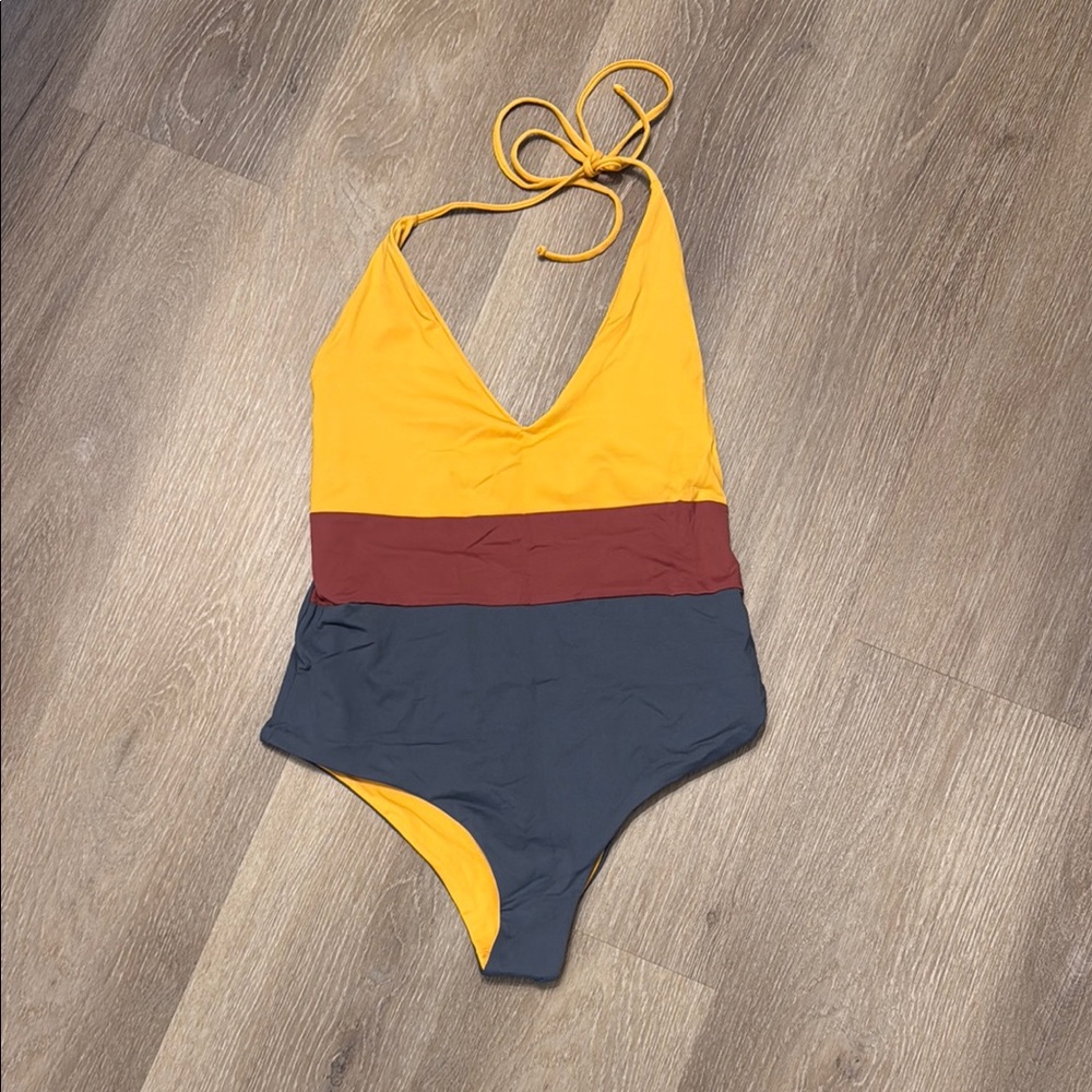 Stylish One Piece Swimsuit - Yellow, Red, and Gray
